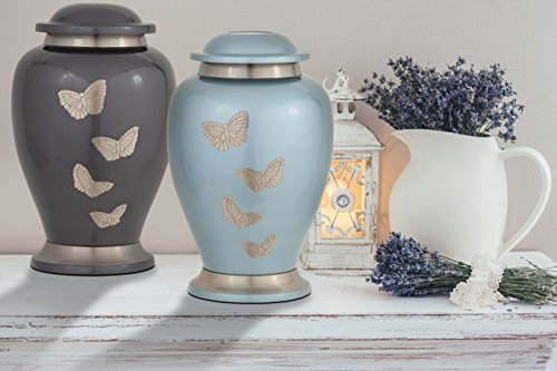 Enshrined Memorials Cremation Urn for Ashes - Apollo Series Affordable Solid Brass Metal Quality Handcrafted for Human Funeral Burial Large 10 inch, Teal with Butterflies (Adult Urn Only)