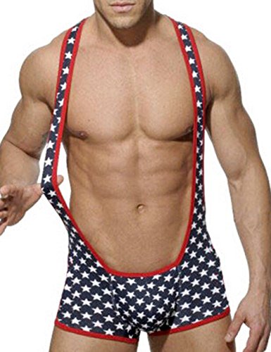 Dong Dian Men's USA Flag Jockstrap Jumpsuit Underwear Mankini Wrestling Singlet
