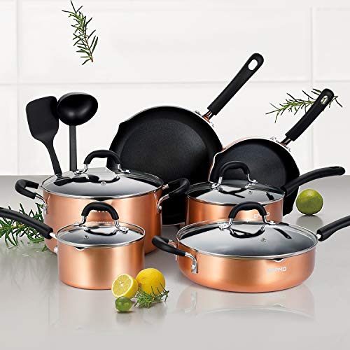 EPPMO Nonstick 12 Pieces Cookware Set, Copper Pots and Pans with Stay