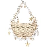 Aiermo Women Pearl Handbag Straw Purse: Woven Summer Beach Bag Vacation Clutch Purse for Wedding Party Crossbody Bag Seaside Style Carrying Bag Shoulder Handbag