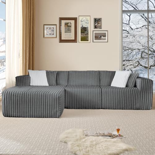Fantico Modular Sectional Sofa Couch Luxurious Corduroy - High-Density Foam, Non-Slip Stability, Easy Setup with Box Packaging, Comfortable & Durable for Living Room, Apartment, Bedroom - Grey
