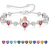 Iefil Birthstone Bracelets for Women - 925 Sterling Silver Rose Heart Charm Bracelets, Anniversary Birthday Gifts for Women Wife Mom Girlfriend Daughter, 6"+2"