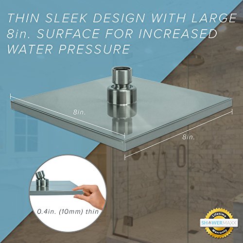 ShowerMaxx, Elite Series, 8 inch Square High Pressure Rainfall Shower Head, MAXX-imize Your Rainfall Experience with Easy-to-Remove Flow Restrictor Rain Showerhead, Brushed Nickel Finish