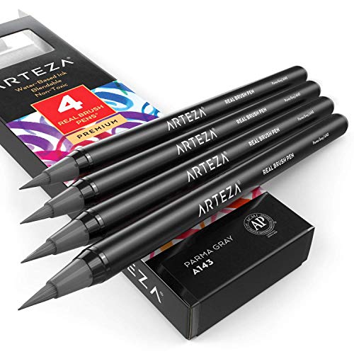 Arteza Real Brush Pens (A143 Parma Gray), Pack of 4, for Watercolor Painting with Flexible Nylon Brush Tips, Paint Markers for Coloring, Calligraphy and Drawing