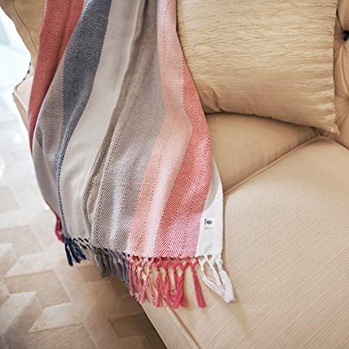MOTINI 100% Cotton Multi-Colored Throw Blankets, Herringbone Red Striped Soft Cozy Decorative Blankets with Tassels…