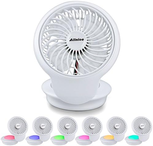 Allnice Mini Fan USB Powered Table Desk Personal Cooling Fan 3 Speeds Adjustable with 7 Colorful Night Light for Home Laptop Office Bedroom Room (White)