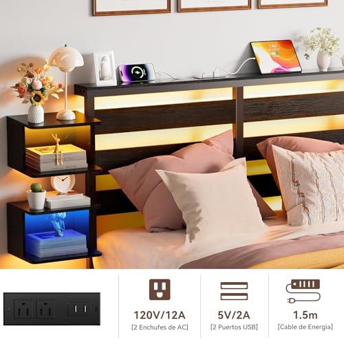 FURRIFIC Cama Matrimonial con 2 Mesitas de Noche Flotantes, Base Matrimonial con Cabecera Almacenamiento, Marco con Luces LED RGB, Estación de Carga, Amplio Espacio Inferior, Estructura de Cama Negra