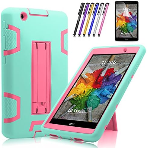 Windrew Heavy Duty rugged impact Hybrid Case with Build In Kickstand Protective Case For LG G Pad X 8.0 / LG GPad III 3 8.0 Inch Tablet + Screen Protector Film and stylus pen (Blue / Pink)