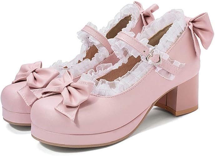 Amazon Wooyoo リボンパンプス コスプレ靴 女の子 可愛い 太めヒール 大きいサイズ ロリータシューズ レース 甲ストラップ 浅め おでこシューズ レディース 通勤 メイド靴 防滑 履きやすい バック蝶結び 黒 ピンクぱん バレエシューズ