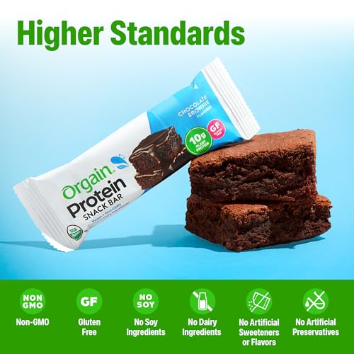 Orgain Organic Vegan Protein Bars, Chocolate Brownie - 10g Plant Based Protein, Gluten Free Snack Bar, Low Sugar, Dairy Free, Soy Free, Lactose Free, Non GMO, 1.41 Oz (12 Count)