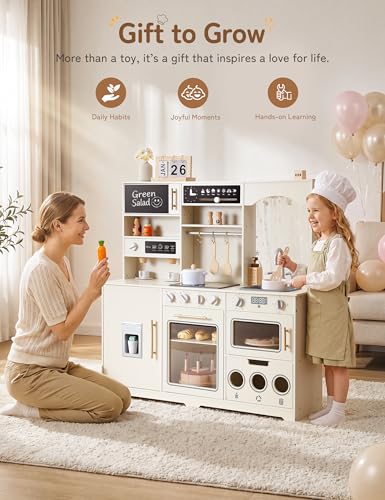besrey Play Kitchen for Kids, Wooden Kids Play Kitchen Playset with Real Lights & Sounds, Toddler Toy Kitchen with Fun Cookware Accessories, Pretend Play Kitchen Gift for Age 3+