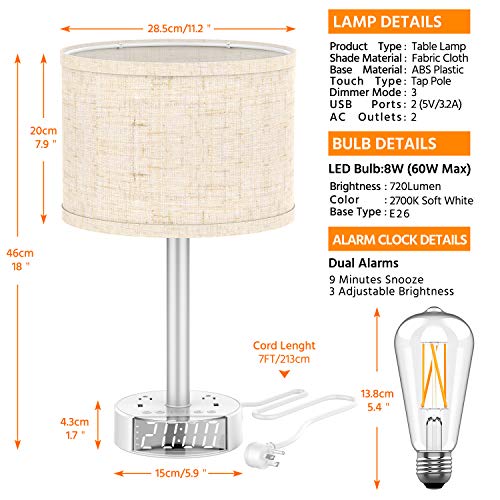 Table Lamp with Alarm Clock, Touch Control Bedside Lamp with 2 AC Outlets & 2 USB Ports, Alarm Clock Charging Base, 6Ft Power Cord, 3 Level Brightness Modern Nightstand Lamps for Home Bedroom Dorm
