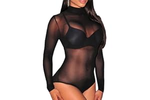 Lrady Women's Sheer Mesh Turtleneck Neck See Through Leotard Bodysuit Body Tops