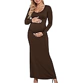 Yousify Womens Scoop Neck Maternity Maxi Dress Split Long Sleeve Slim Fit Split Casual Pregnancy Clothes for Baby Shower