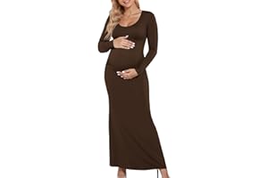 Yousify Womens Scoop Neck Maternity Maxi Dress Split Long Sleeve Slim Fit Split Casual Pregnancy Clothes for Baby Shower