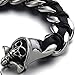 Stainless Steel Mens Skull Curb Chain Bracelet Interwoven with Black Genuine Braided Leather
