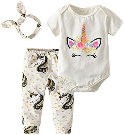 Derouetkia Baby Girl Clothes Summer Unicorn Printed Short Sleeve Bodysuit Tops Outfit Set with Pants and Headband (60(0-6 Months))