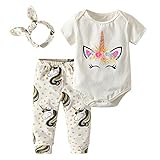 Baby Girl Clothes Summer Cartoon Printed Short Sleeve Bodysuit Tops Outfit Set with Pants and Headband (60(0-6 Months))