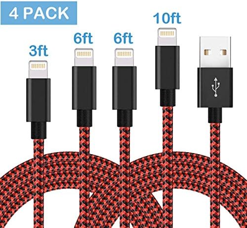 Lightning Cable 4Pack 3FT 6FT 6FT 10FT Nylon Braided Charging Cable USB iPhone Charger Cord for iPhone X/8/8Plus/7/7 Plus/6/6Plus/6s/6sPlus/5/5c/5s/SE/IPad/iPod/Min and More(Red)