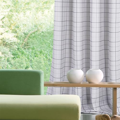 always4u Linen Look Curtains Eyelet Printed Check Curtains Semi-sheer Plaid Drapes for Living Room Bedroom Decoration Modern Textured 1 Pair Beige Black W46 x L54 Inches