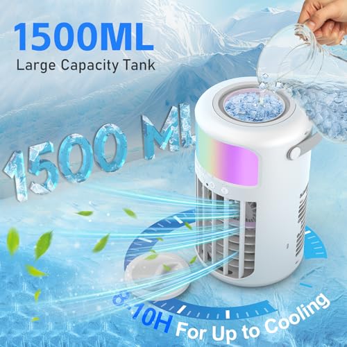 Portable Air Conditioner, 2026 Upgraded 4-IN-1 Portable Ice Fan with 3 Cooling Speeds & 1500ml Water Tank, 2 Cool Mist Ultra-Quiet Desktop AC Fan with Remote & 2-8H Timer for Bedroom, Office, Home