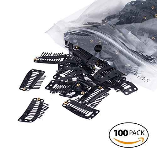 SWACC 100 Pcs U Shape Metailic Snap Clips ins for Hair Extension Hairpiece DIY Snap-Comb Wig Clips with Rubber (Black, 10-Teeth 9 holes)