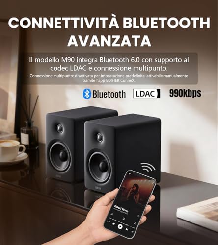 Diffusori da scaffale M90, scrivania 100 W RMS, audio alta risoluzione, LDAC, Bluetooth 6.0, ingressi HDMI eARC/ottico/USB-C/AUX, amplificati con uscita SUB OUT, telecomando per TV/PC-Nero