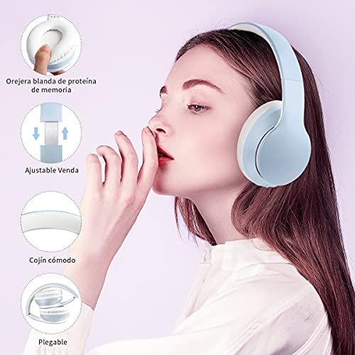 Ifecco Bluetooth Estéreo Auriculares Música sobre-oído Sonido de Alta fidelidad, Bluetooth Banda para la Cabeza Plegable con micrófono y Cable de Audio para Apple iPhone, PC (Azul Liso)