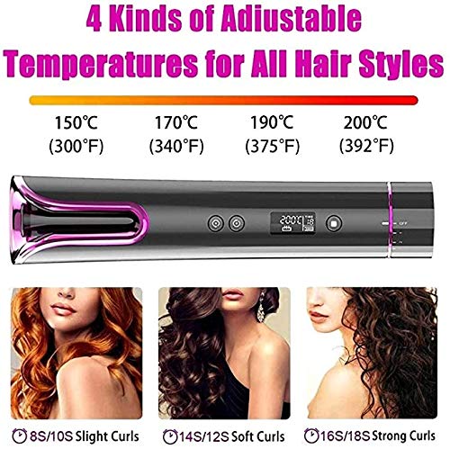Cordless Hair Curler Automatic Curling Iron with LCD Display for Long Hair Portable USB Rechargeable Auto Shut-Off Curling Wand