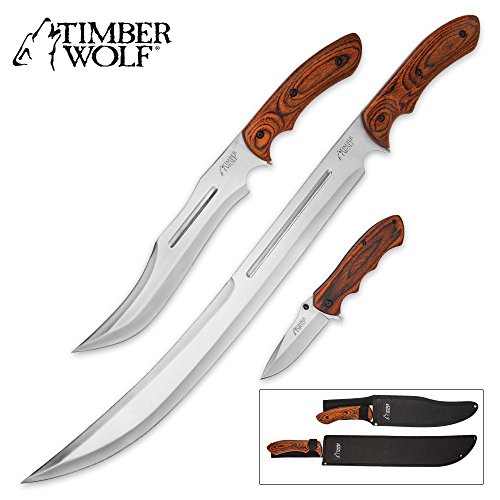 Timber Wolf Woodland Trident 3-Piece Knife Set - Bowie / Machete / Assisted Opening Folder - Brown