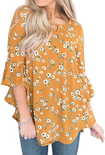 Ankosen Womens Casual Half Sleeve Tunic Sweatshirt Floral Blouse T-Shirt Tops (Yellow, L)
