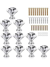 HOMEIDEAS 10PCS 30MM Diamond Crystal Glass Cabinet Knob Cupboard Drawer Pull Handle,3 Size Screws