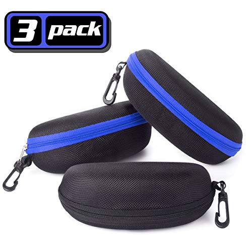 Sunglasses Case,(3 Pack) JACNITAD Portable Travel Zipper Eyeglasses Case Hook(2Blue1Black)