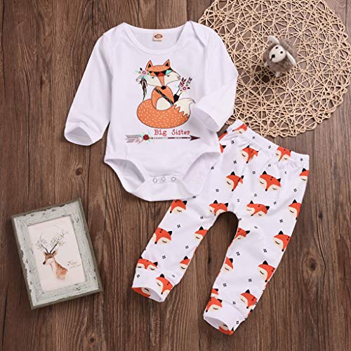 Little Story 6M-4Y Middle and Small Children's Girls Alphabet Long Sleeve Fox Print Hakama + Trousers Sisters Toddler Infant White