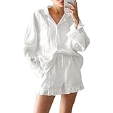 Sotimoon Womens Ruffle Pajama Sets 2 Piece Long Sleeve Button Down Shirt and Shorts Set Cozy Cotton Lounge Set