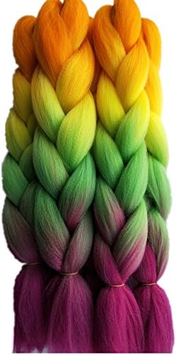 24inch 4packs/lot Orange Light Yellow Blue Pink 4Tone Ombre Color Hair Bulk Synthetic Yaki Jumbo Braiding Hair Extensions for Crochet Box Twist Braid Hairstyle (Orange/L yellow/Green/Pink)