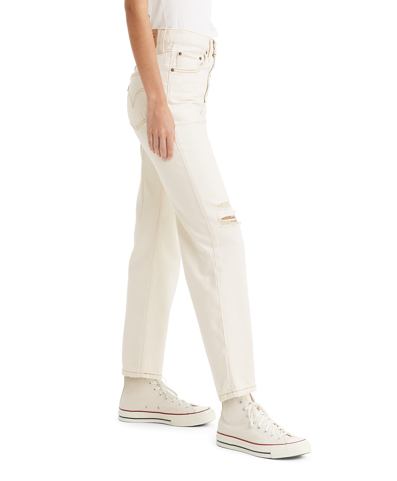 Condition photo showing New/Like New for levi's women's snap ribcage straight ankle jeans, (new) white destructed, 30