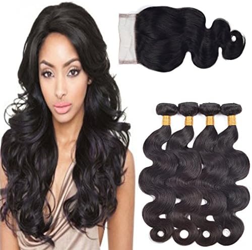 Ali AMY Virgin Brazilian Remy Human Hair Body Wave 4 Bundles With a Lace Free Part Closure 22,24,26,28+20 Inch Natural Color