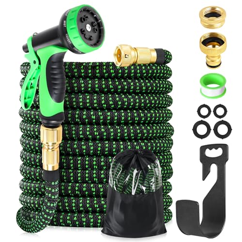 Expandable Garden Hose Pipe 100ft 30m, Upgraded Expanding Water Hose with 10 Pattern Spray Nozzle, 3/4" 1/2" Hose Connectors, Magic Flexible Hose Anti-Kink Durable Hosepipes for Gardening Pet Bathing