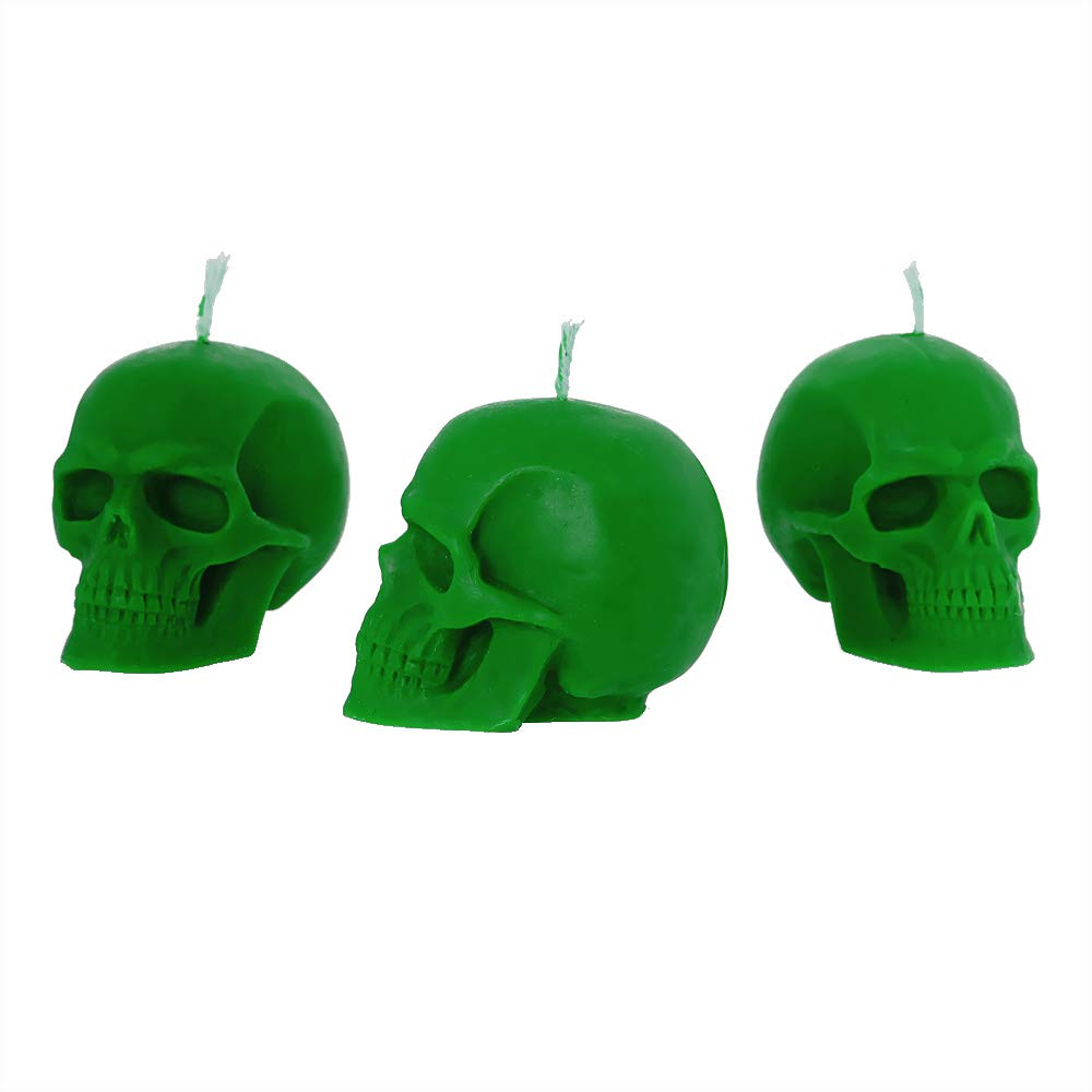 NKlaus - 3X Candle Set Skull Green Made of Organic Pure Beeswax - Gothic Candle Colourful Figure Candle Skull - Halloween - Ritual Candle - Dripping Candles 36292