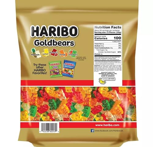 HARIBO GUMMI CANDY, ORIGINAL GOLDBEARS GUMMY BEARS, 72 OUNCE RESEALABLE PARTY SIZE BAG, DELICIOUS SOFT & CHEWY SWEET SNACKS, ASSORTED FRUITY FLAVORS