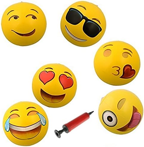 10" Emoji Inflatable Beach Balls 6-Pack,Perfect for Pool Games, Birthday Parties, Prizes, and more,with 1 Free Hand Pump