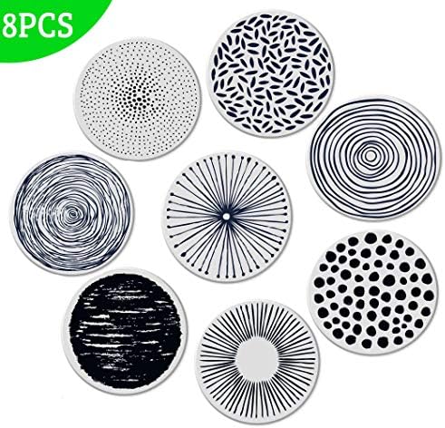 Absorbent Coasters For Drinks - Grey Lines On LARGE Ceramic Stone Cork Backing, Drink spills Thirsty Coaster Set of 8 PCS NO Holder Man Cave House Warming Presents Decor, Wedding Registry