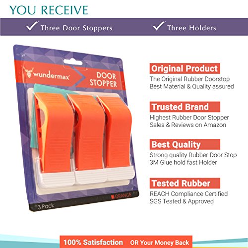 Wundermax Decorative Door Stopper With Free Bonus Holders, Door Stop Works on All Floor Surfaces, Premium Rubber Door Stops, The Original (3, Orange)