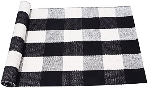 PRAGOO Black White Cotton Rug Plaid Checkered Area Rug Braided Kitchen Rug Runner Washable Mat Floor Carpet 60x180cm(23.6''x70.9'')