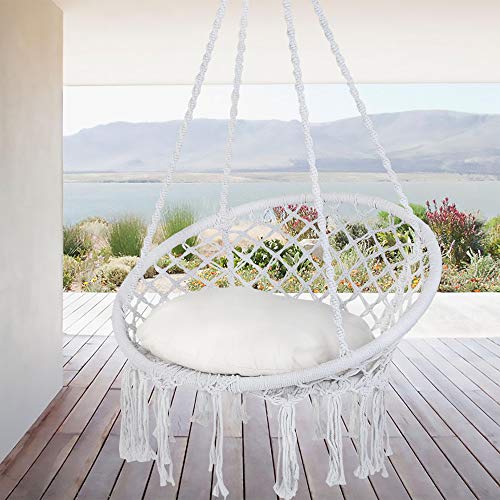 Patio Watcher Hammock Chair Hanging Macrame Swing with Cushion and