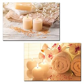 2 Panel Canvas Wall Art - Spa Still Life with Candles and Towels - Giclee Print Gallery Wrap Modern Home Art Ready to Hang - 16"x24" x 2 Panels