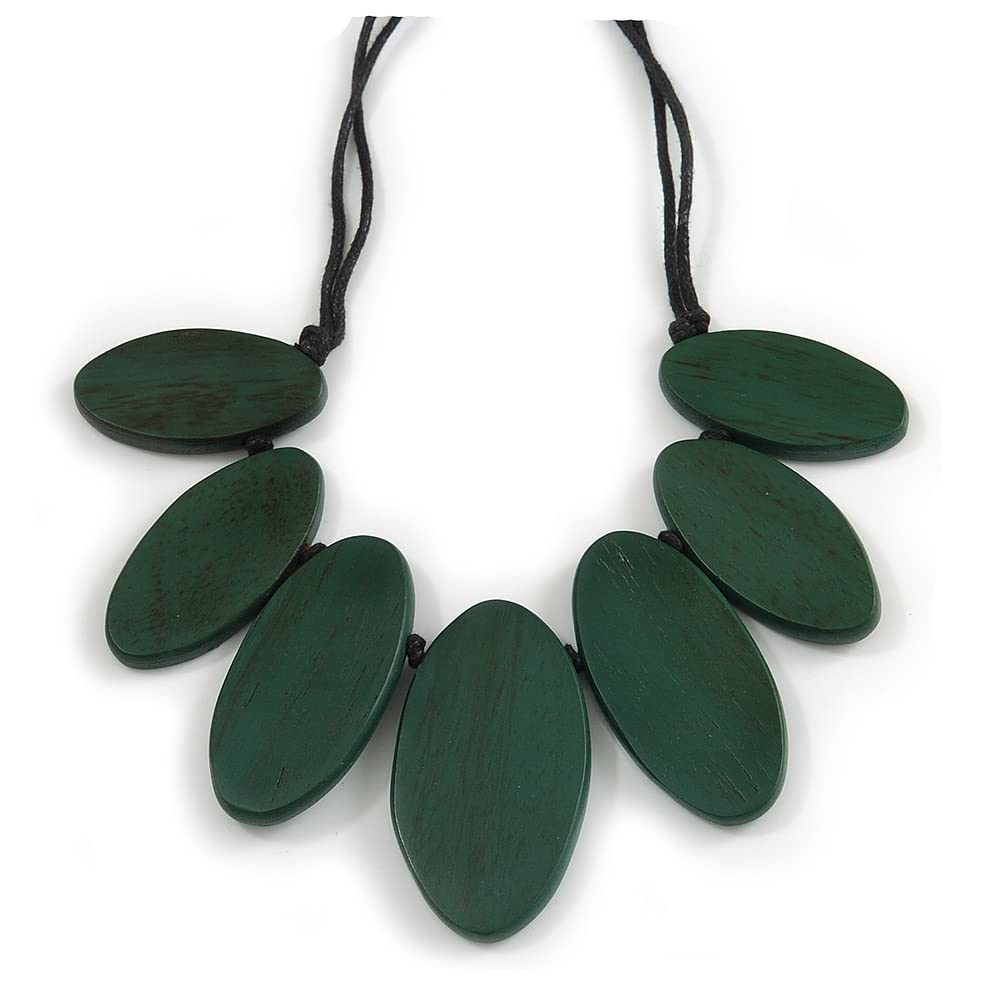 Avalaya Leaf Painted Dark Green Wood Bead Cotton Cord Necklace/70cm Max Length/Adjustable
