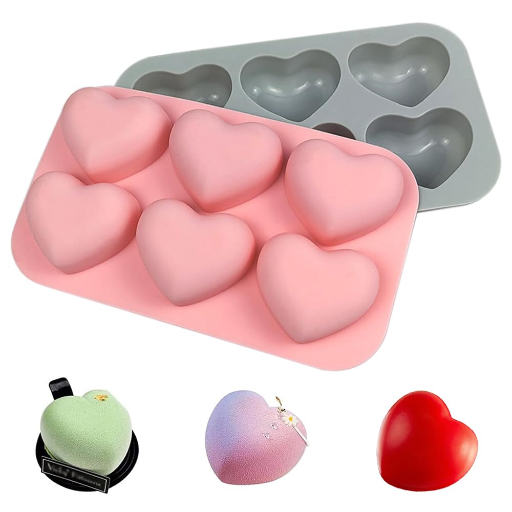 2 PCS 6-Cavity Heart Silicone Moulds Reusable Heart Shape Ice Cube Moulds Non Stick 3D Love Chocolate Mold for Sweets Pudding Jelly Candy Muffins Soap Candle Making