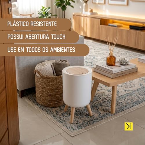 Lixeira Retrô De Plástico Resistente Com Tampa Click Pés Estilo Madeira 8L Branca Para Diversos Ambientes